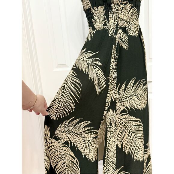 Reiss Colby Khaki Green Tan Tropical Palm Print Smocked Waist Midi Dress 2 - Picture 3 of 7
